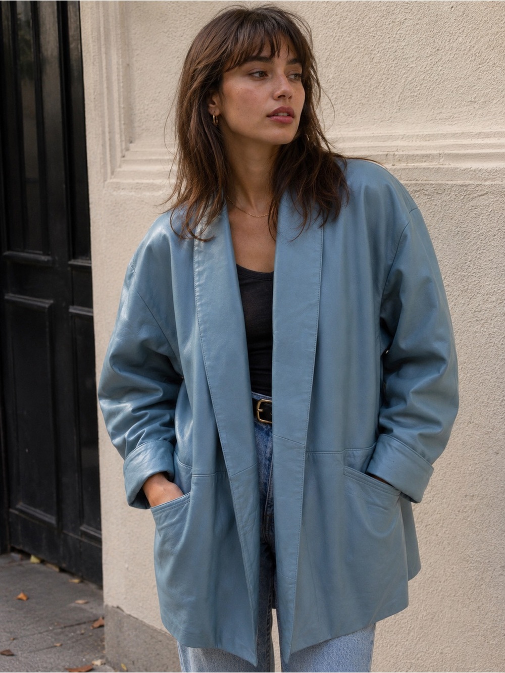 Vintage Blue Leather Coat 1980s